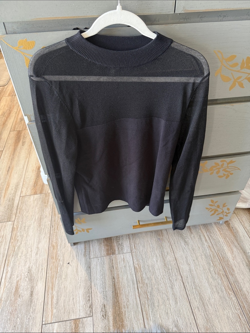 Aqua Black Sheer-Panel Long Sleeve Crewneck Sweater